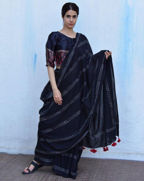 Black Hand Block Printed Cotton Mul Saree